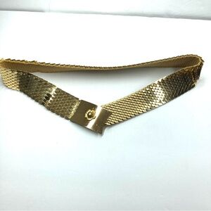 Vintage 80s Gold Metallic Fish Scale Belt Stretch Disco Glam Flower Buckle Large